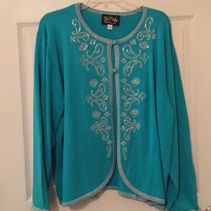 Dazzling turquoise beaded 2 button cardigan 1X